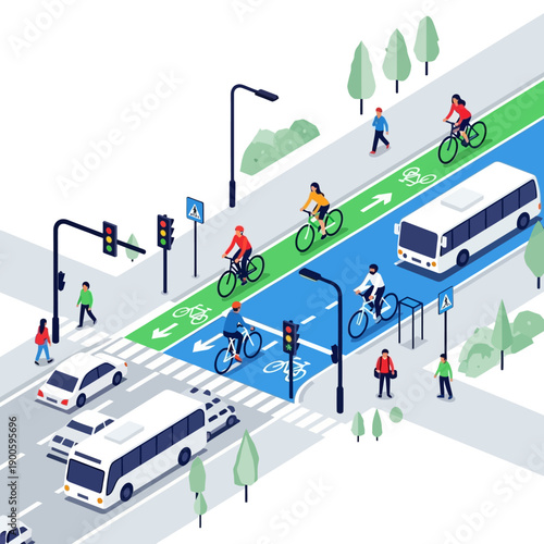 Urban cycling lane with cyclists, pedestrians, cars, and bus on city street