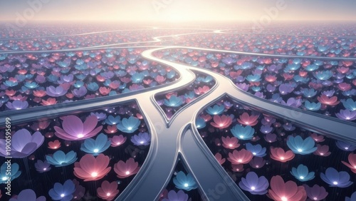 Futuristic highway intersection surrounded by vibrant illuminated floral landscape at dawn