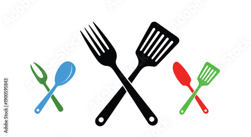 Colorful kitchen utensils including a fork spatula spoon and serving tools