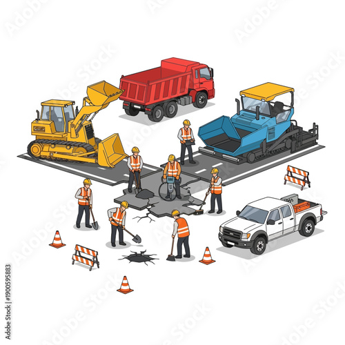 Road Construction Crew Working on Pothole Repair with Heavy Machinery