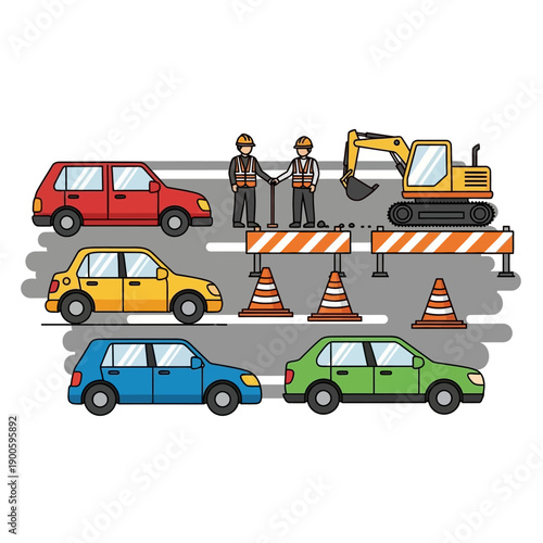 Road Construction Workers, Traffic Cones, Excavator, Cars, Safety Barriers