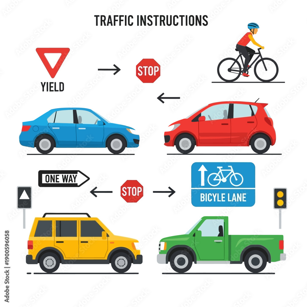 Naklejka premium Traffic Instruction Diagram: Cars, Bicycle, Signs (Yield, Stop, One Way, Bicycle Lane)