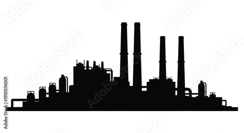 Silhouette of an industrial complex featuring smokestacks and factory buildings