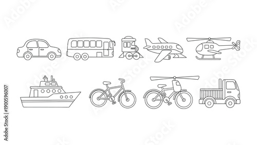 Diverse Transportation: A minimalist illustration of various modes of transportation, from cars and buses to boats and planes, evoking a sense of movement and travel.
