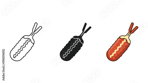 Three cartoon hot dogs in different colors and styles Vector