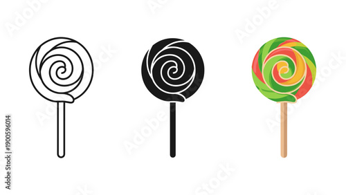 A colorful lollipop with two black and white versions Vector
