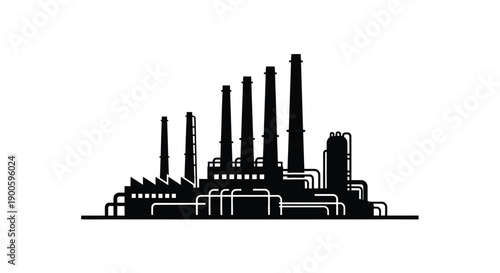 A minimalist black silhouette of an industrial factory complex