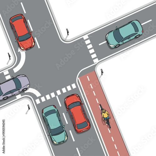 Busy intersection with cars and cyclist, traffic flow, urban road junction