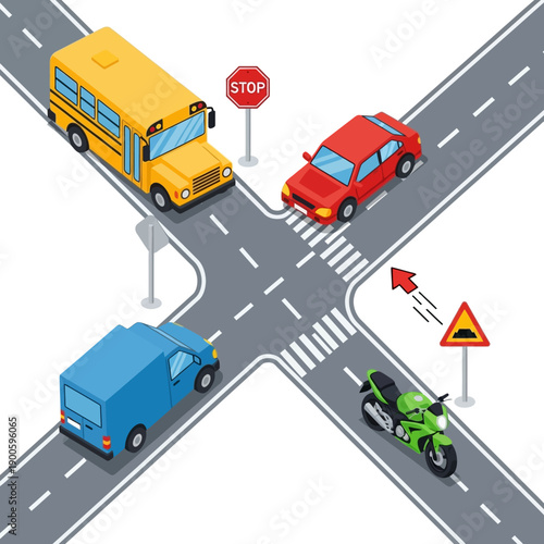 Isometric intersection with school bus, car, truck, motorcycle, stop sign