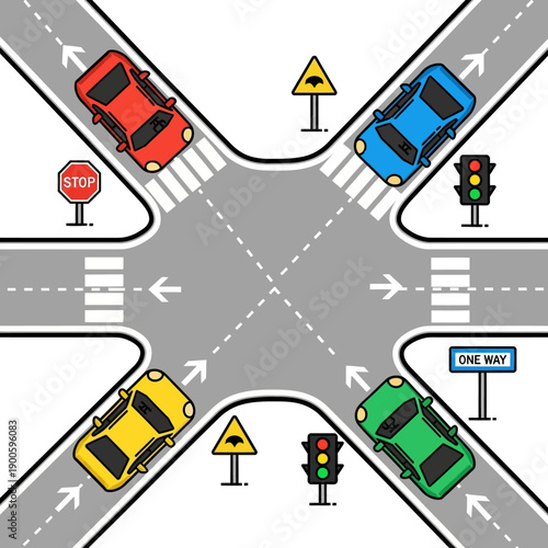 Four-way intersection with cars, traffic lights, stop sign, and one-way sign