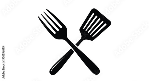 A black fork and spatula crossed against a white background