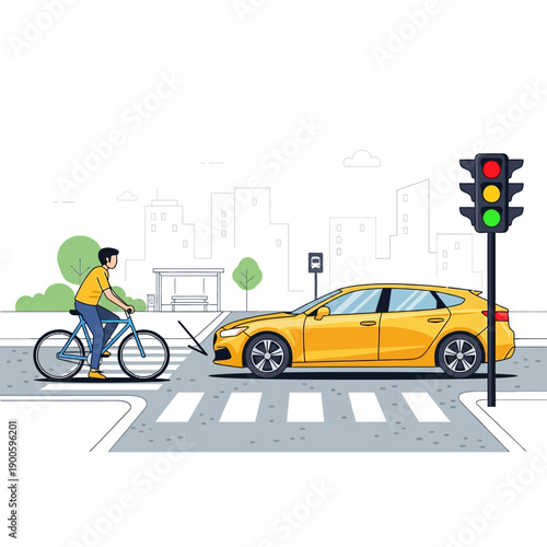 Cyclist and car at crosswalk with traffic light, urban scene