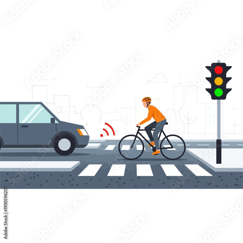 Cyclist crossing road at intersection with traffic light, car approaching