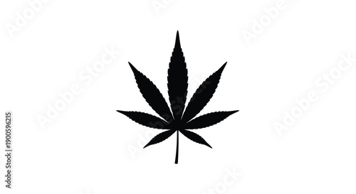 A stark black silhouette of a cannabis leaf against a white background