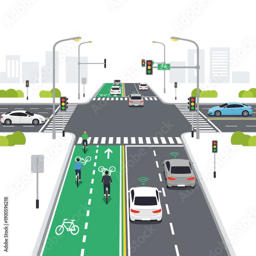 Smart City Intersection with Autonomous Cars and Bicycle Lanes