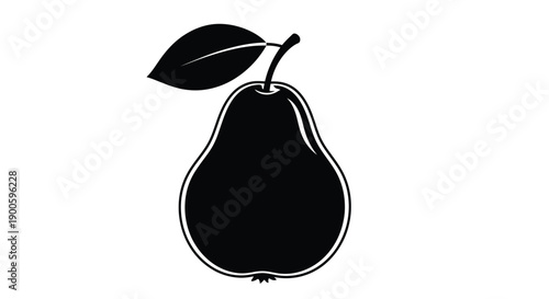Simple black and white illustration of a pear with a stem and leaf