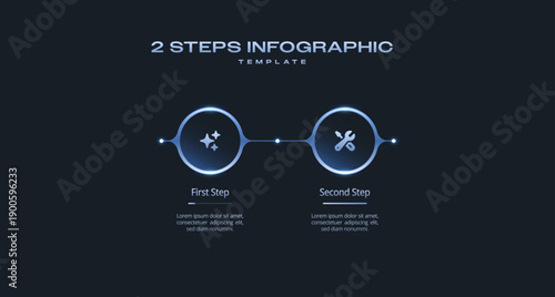 Horizontal Dark Tech Infographic Template with Neon Blue Gradient Circles, Numbered 2 Step Process Icons, Timeline Journey and Progress Diagram for Presentation, Workflow, Banner, and Flowchart Layout