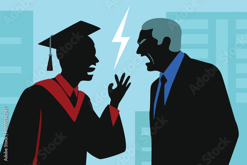 conflict communication concept, silhouette of angry university graduate and furious businessman having argument disagreement ,  vector art