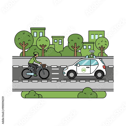 Autonomous car and cyclist sharing road in modern city, sustainable transport concept