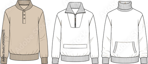 Men sweatshirt and pullover technical flat sketches showing different collar styles isolated on white background for apparel design