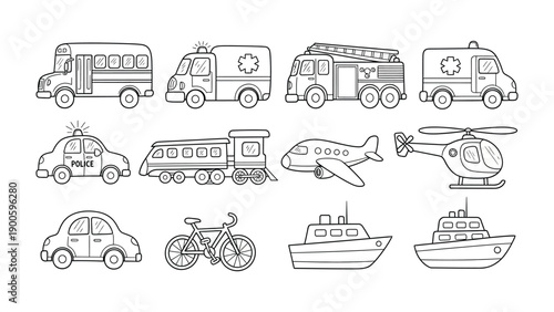Transport Variety: A comprehensive array of transportation vehicles, meticulously outlined to showcase a spectrum of conveyance methods, perfect for illustrative or educational applications.