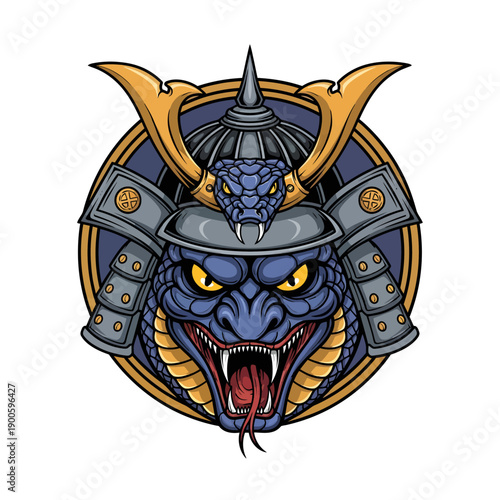 A fierce blue dragon head illustration wearing samurai armor with golden horns in a circular emblem