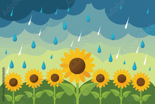 Gentle Rainstorm Over Sunflower Field