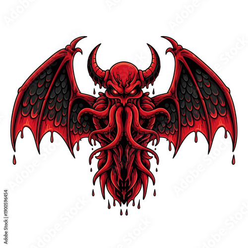 A red demonic creature with bat wings and tentacles is depicted in a menacing pose against a white background from a frontal viewpoint