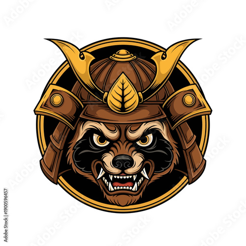 Fierce Badger Mascot in Samurai Helmet Emblem, Illustration, Fantasy Icon, Close-Up View
