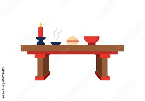 Cultural offering table with lit candle and steaming food bowls for a solemn traditional ceremony