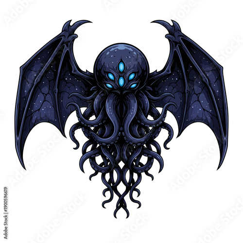 A dark, mystical Cthulhu with glowing blue eyes and tentacles, depicted in a digital illustration with wings spread wide, showcasing its eerie presence.