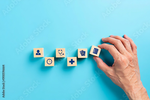 Healthcare planning: hand aligns blocks with medical and time icons