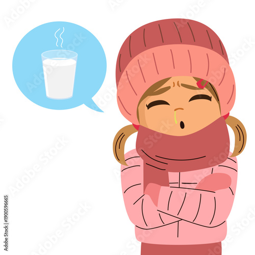 Cartoon vector illustration of a cute unwell girl wanting to drink warm milk. Clip art for illness recovery, childcare, comfort food concepts, healthcare education and wellness