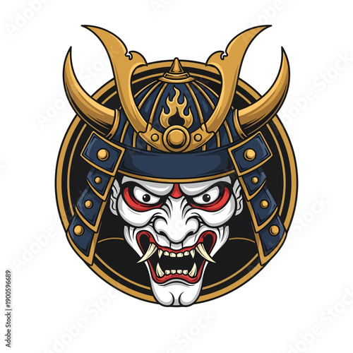 A samurai warrior's mask with a fierce expression viewed from the front, adorned with a helmet and horned headpiece, depicted in a circular illustration.
