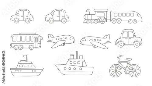 Transport Line Art: An assortment of line art illustrations featuring various modes of transport, perfect for creative projects.