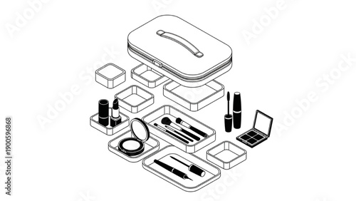 Black Line Art Isometric Exploded Luxury Cosmetics Travel Case with Modular Compartments and Product Silhouettes