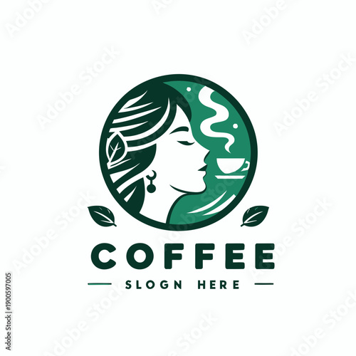 Elegant green logo featuring a woman's profile enjoying a steaming cup of coffee, with leaves and text below.