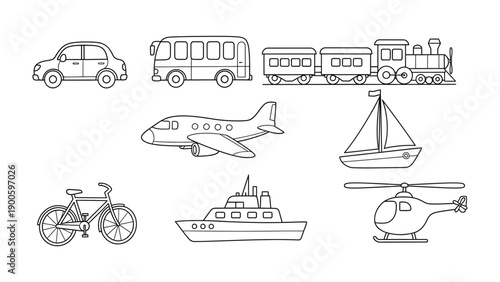 Vehicles transport illustrations: Line drawings of various modes of transportation, ideal for educational resources and graphic design projects.