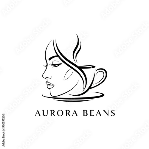 Elegant line art logo featuring a woman's profile merging with a steaming coffee cup, with 'AURORA BEANS' text below.