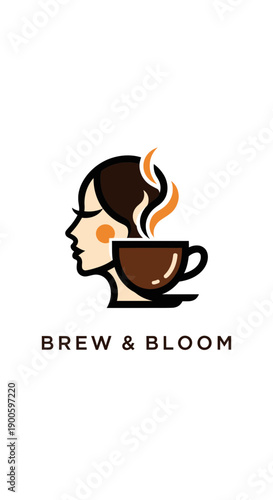 A modern logo featuring a stylized woman's profile with a steaming coffee cup integrated into her design, accompanied by the text 'BREW & BLOOM' below.