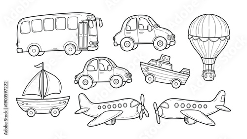 Transport Doodle Collection: A charming collection of transport vehicles, carefully sketched in a playful doodle style, including cars, bus, sailboat, boat, plane and hot air balloon.