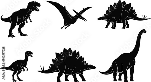 Dinosaur silhouettes collection featuring prehistoric animals including tyrannosaurus, stegosaurus, pterodactyl and brachiosaurus, black vector figures isolated on white background