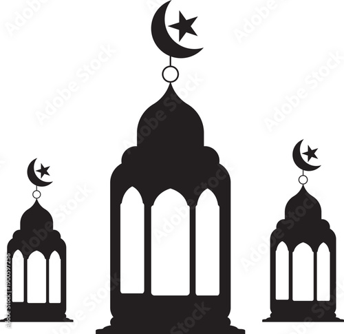 Islamic mosque silhouette with crescent moon and star decorative element