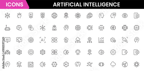 Artificial intelligence set of web icons in line style. AI technology icons for web and mobile apps. Machine learning, algorithm, smart robotics, cloud computing network Vector illustration