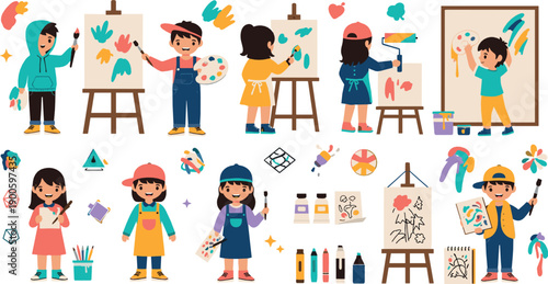 Cute Kids Painting Illustration Set with Children Creating Art on Easels, Using Brushes, Paints, and Creative Supplies for Education and Art Class Designs