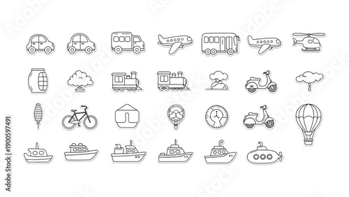 Transport Icons Collection: A collection of various transport icons in outline style, perfect for illustrating diverse modes of travel. From classic cars and buses to airplanes, boats.