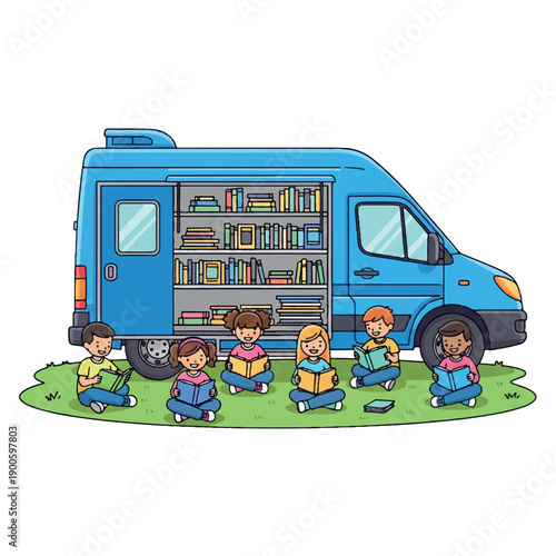 A colorful illustration of children sitting on grass in front of a blue bookmobile van with shelves of books on a white background.