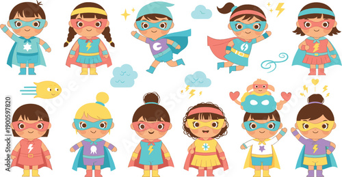 Cute Kids Superhero Illustration Set with Children Wearing Colorful Costumes, Masks, Capes, and Fun Power Symbols for Playful Hero Designs