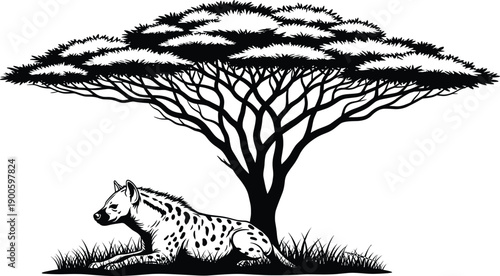 African savanna silhouette illustration with acacia tree and resting hyena, wildlife nature scene, black and white safari artwork, wild animal habitat design, minimal landscape concept