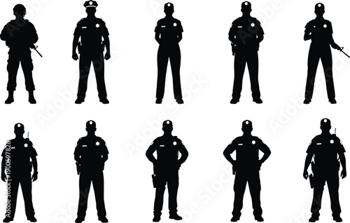 Police officer silhouettes set showing various standing poses isolated on white background law enforcement security concept illustration